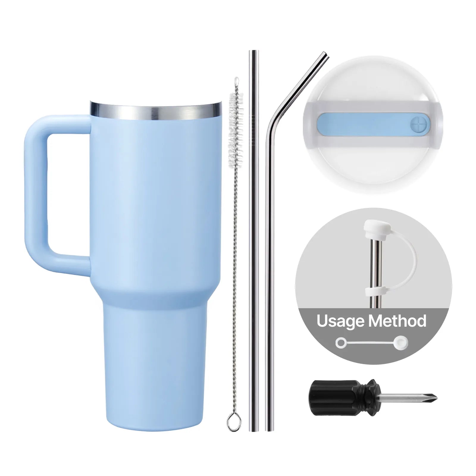 Pastel Blue to Silver Glow in the Dark Stainless Steel Tumbler with Removable Handle (40oz)